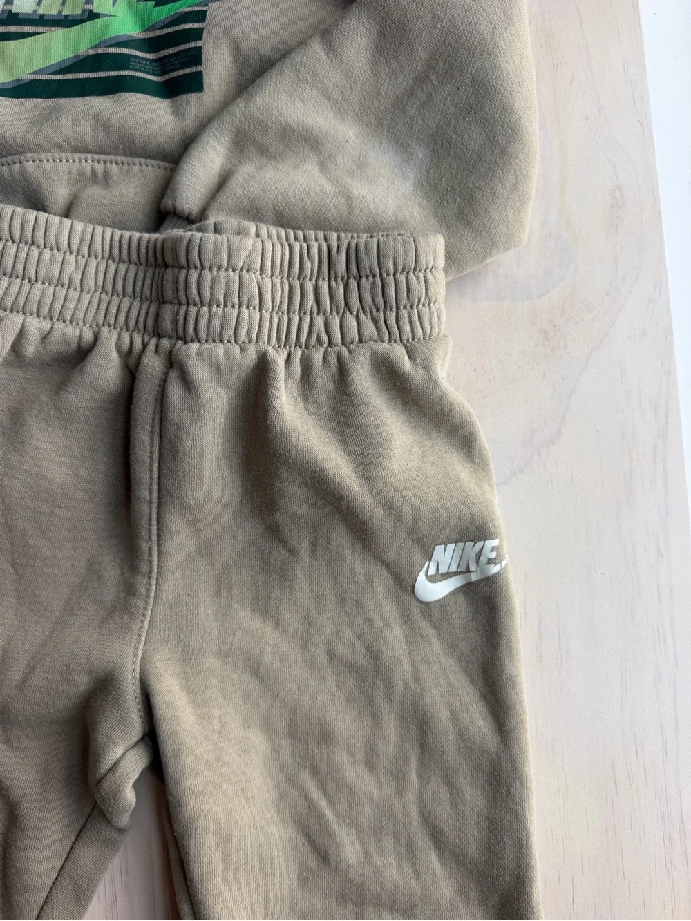 Nike Beige Hoodie and Joggers with Green Logo Accent